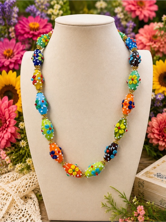 Aprilsplace Jewelry - Lampwork Hand knotted 22 inch Aprilsplace necklace flower multi colored